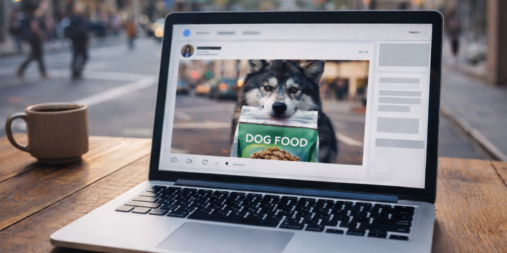 Husky Carries A Pet Food Bag Created By AI Video On Laptop Screen