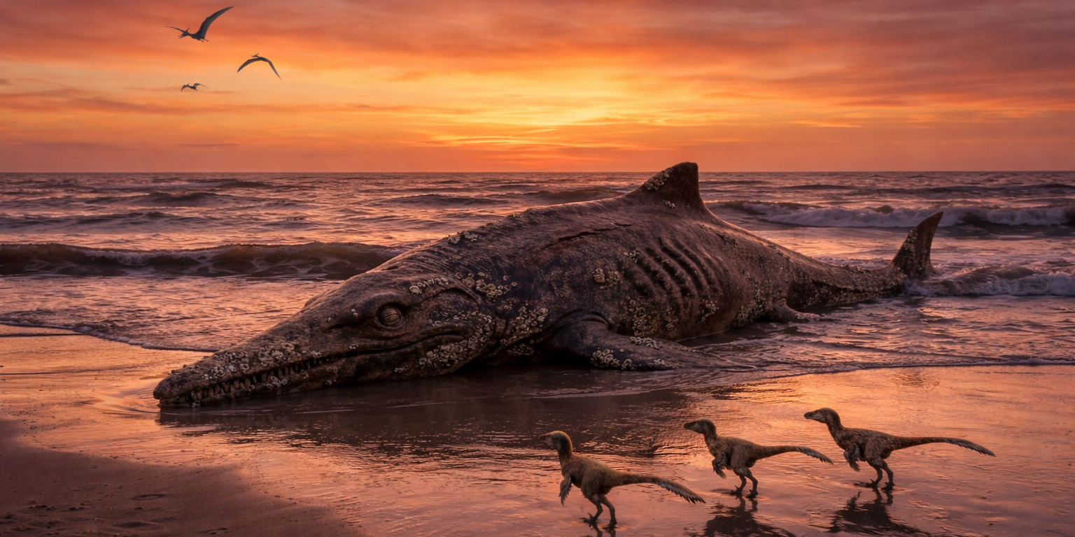 Late Triassic beach at sunset